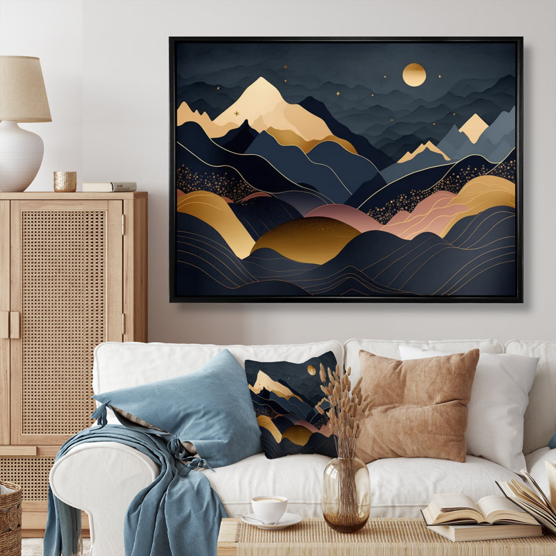 Nashaun Gold Minimalist Mountains I - Minimalisme, art mural, H 34 po x l 44 po x P 1,5 po, Cadre flottant noir