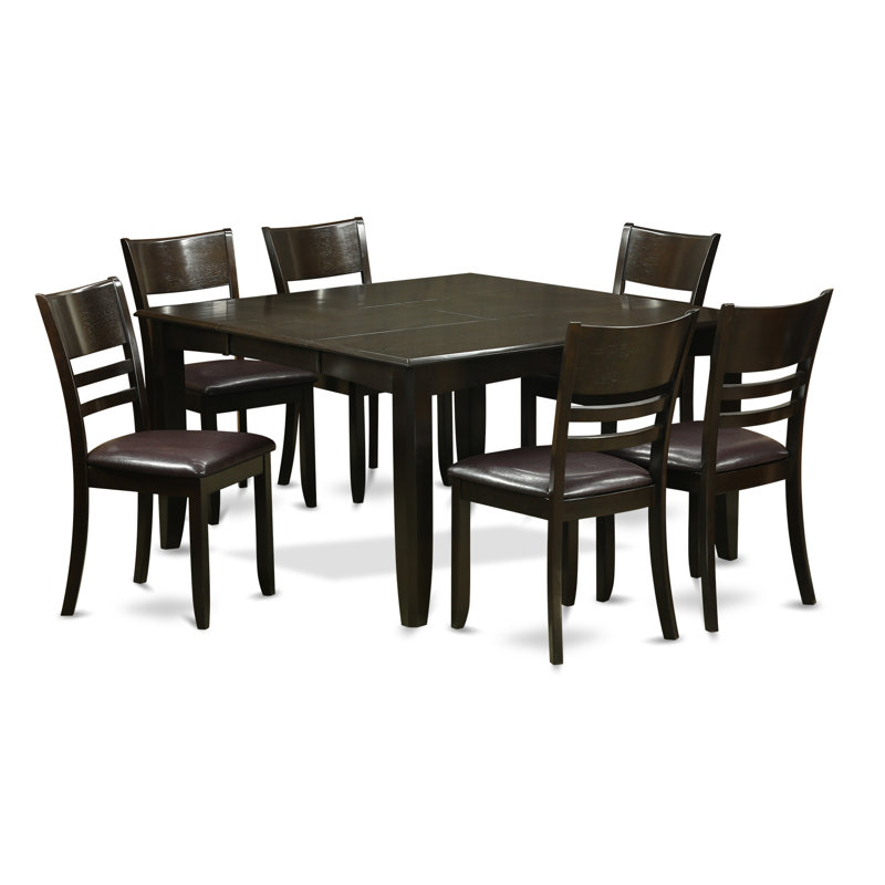 Ensemble de table et chaises de cuisine 7 pièces comprenant une table de salle à manger carrée avec rallonge papillon et 6 chaises de salle à manger en similicuir, cappuccino