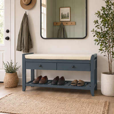Stylish Wooden Shoe Bench With Dual Storage Drawers And Gridded Rack – Hallway And Entryway Must-Have