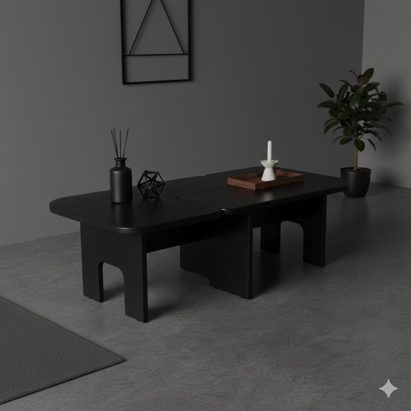 Un ensemble de tables gigognes modernes en bois noir qui peuvent être jointes pour former une table centrale extensible de 70,86 po pour les salons. Une pièce décorative peu encombrante avec une surface lisse.