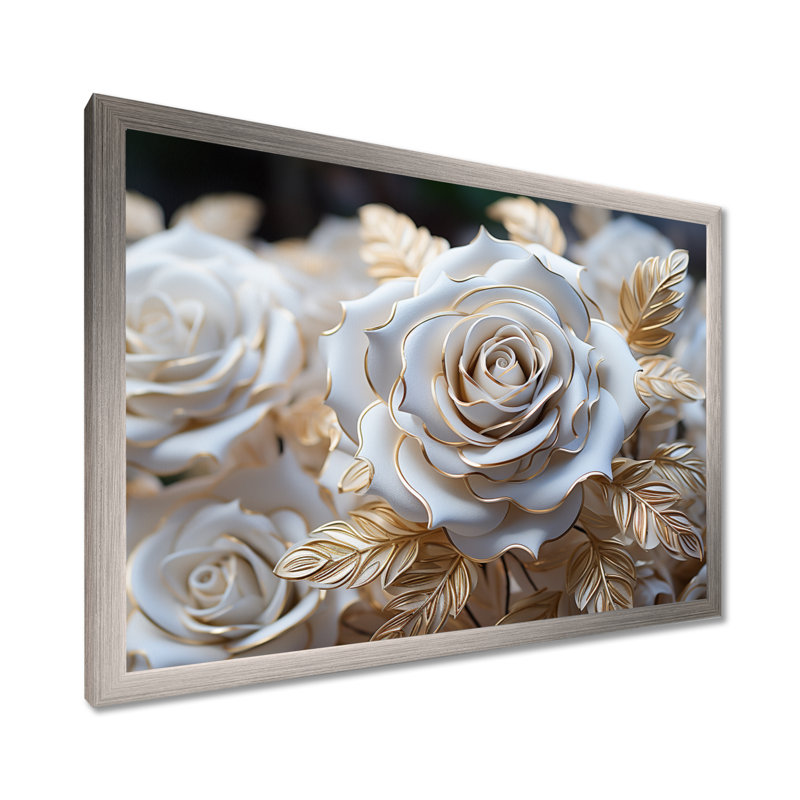 «White and Gold Rose Passion - Roses», reproduction sur toile encadrée, H 24 po x l 32 po x P 1 po, Cadre simple argenté