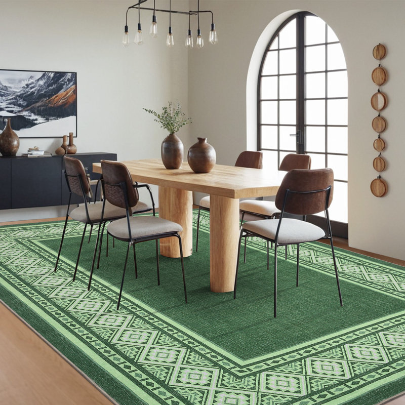 Modern Neutral Bordered Area Rugs, Green 5'X7' Soft Washable Non Slip Solid Geometric Large Throw Carpet for Living Room Bedroom Dining Nursery Apartment Dorm Office Farmhouse Home Decor