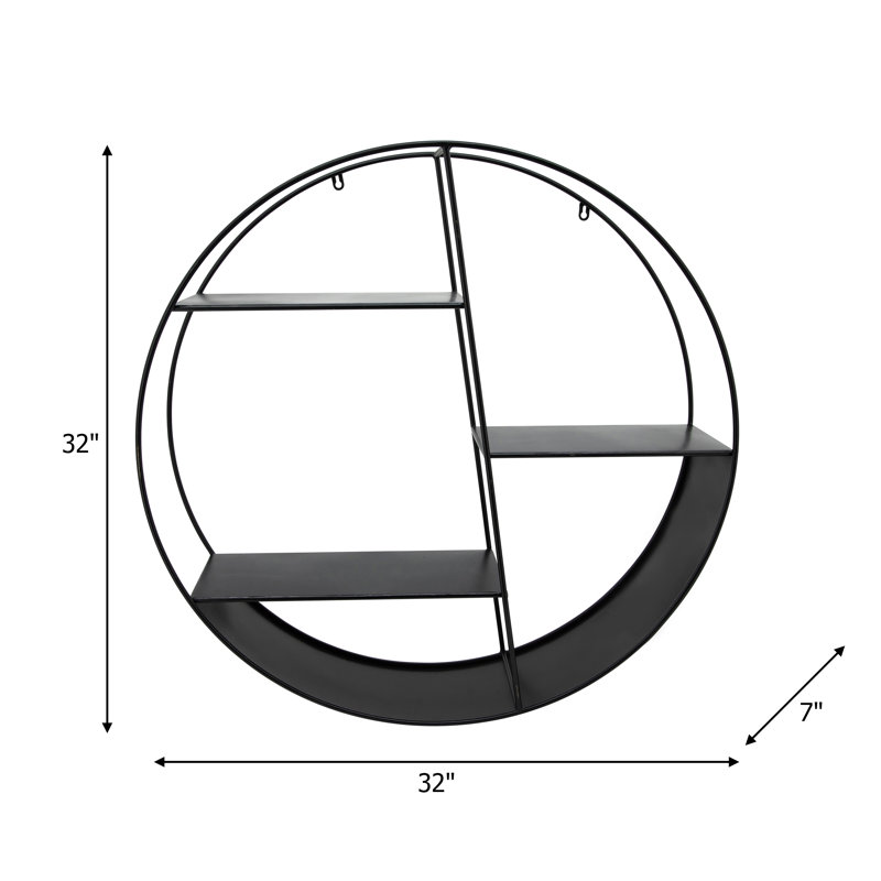 Modern Metal Wall Shelf with Round Geometric Frame and Tiered Open Storage, Black