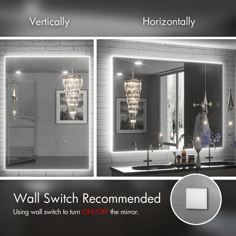 Adorna LED Backlit Frameless Lighted Bathroom Wall Mirror/Vanity Mirror w/ Brightness Adjust, 32" x 40"