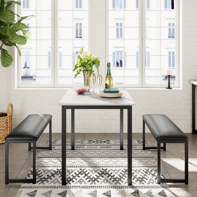 Ensemble de table de salle à manger 3 pièces, banc rembourré et structure en métal, convient pour la cuisine, le salon, le studio, le faux marbre