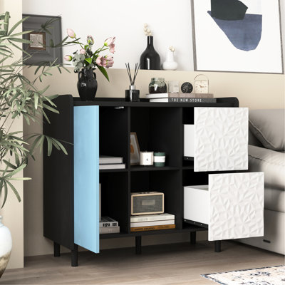 Black Sideboard With Red Doors And 2 Drawers, Buffet Cabinet For Kitchen, Dining Room, Ample Space, Quality Made Modern Doors, Drawers Storage Compartments, Dining, Living Areas, Structure