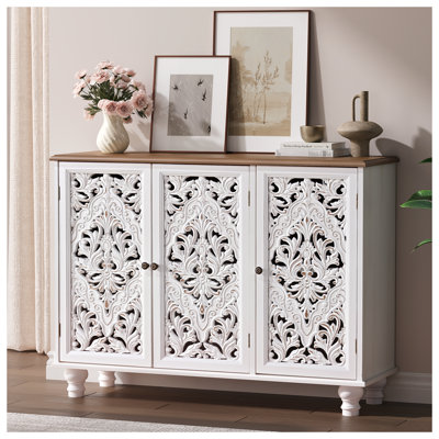 Accent Cabinet With 3 Doors, Storage Cabinet With Solid Wood Legs And Adjustable Shelf, Sideboard Buffet For Living Room, Entryway, Dining Room, Bedroom, White