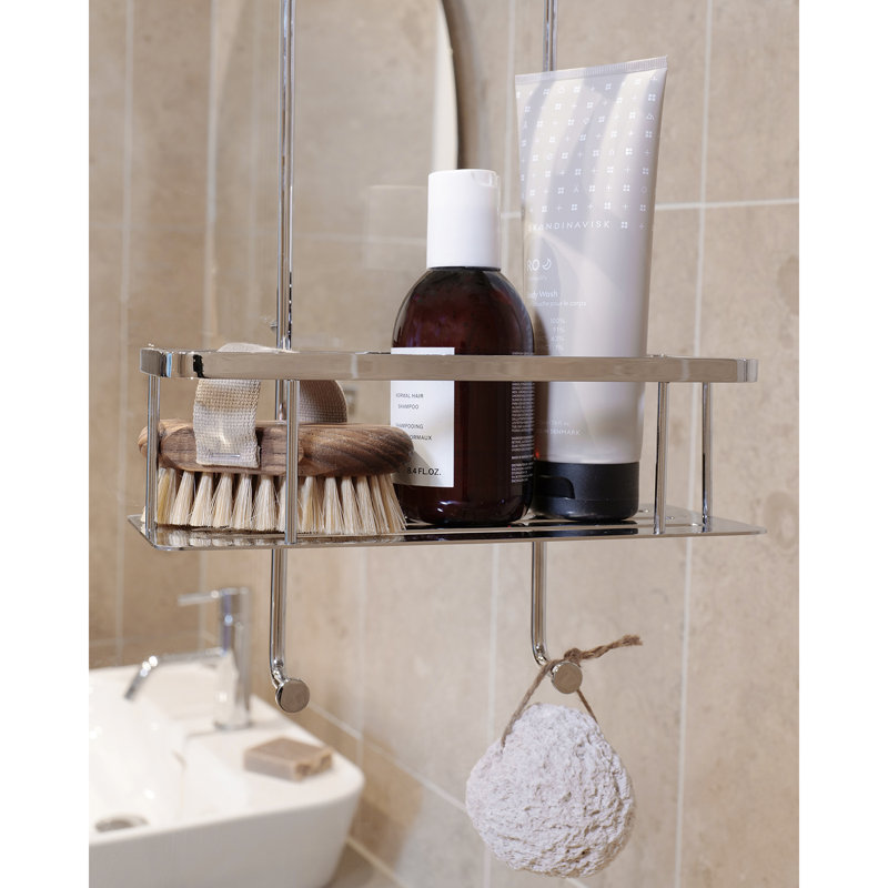 No drill over glass double shower shelf with built in hooks 