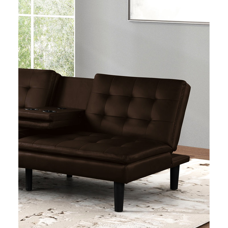 Brown Futon In Contemporary Style, Biscuit - Seat And Back, Converts To Bed With Ports Drop Down Table , Bed, Chargers For User Convenience