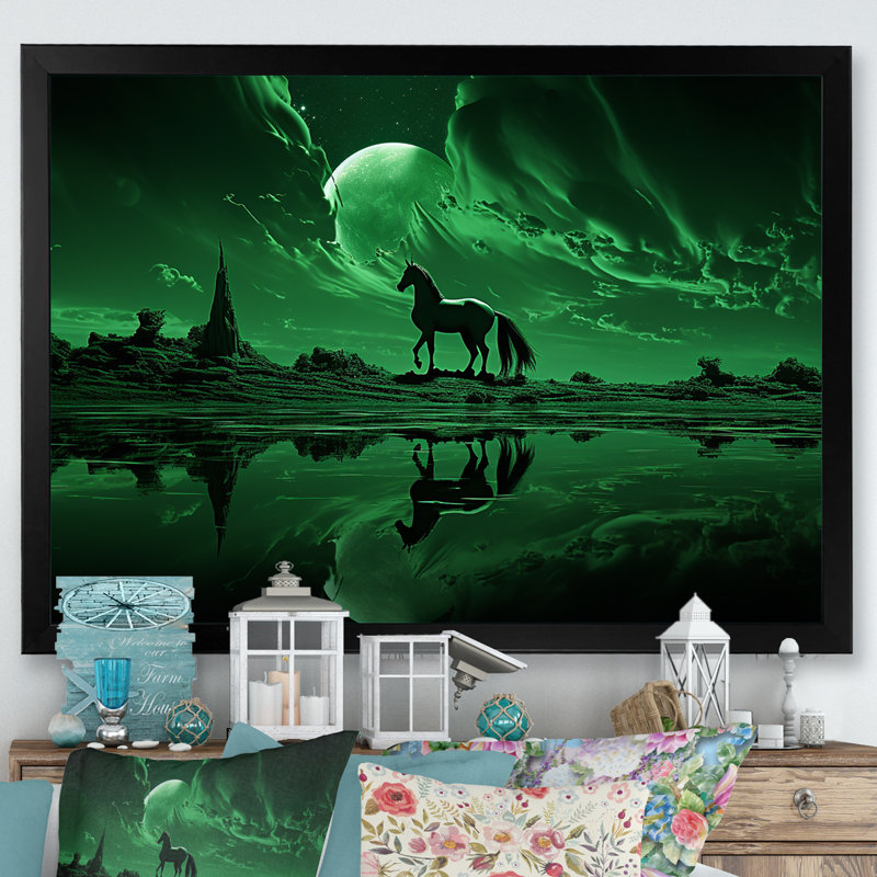 Emerald Enigma Mystical Horse sur toile, H 12 po x l 20 po x P 1 po, Cadre simple noir