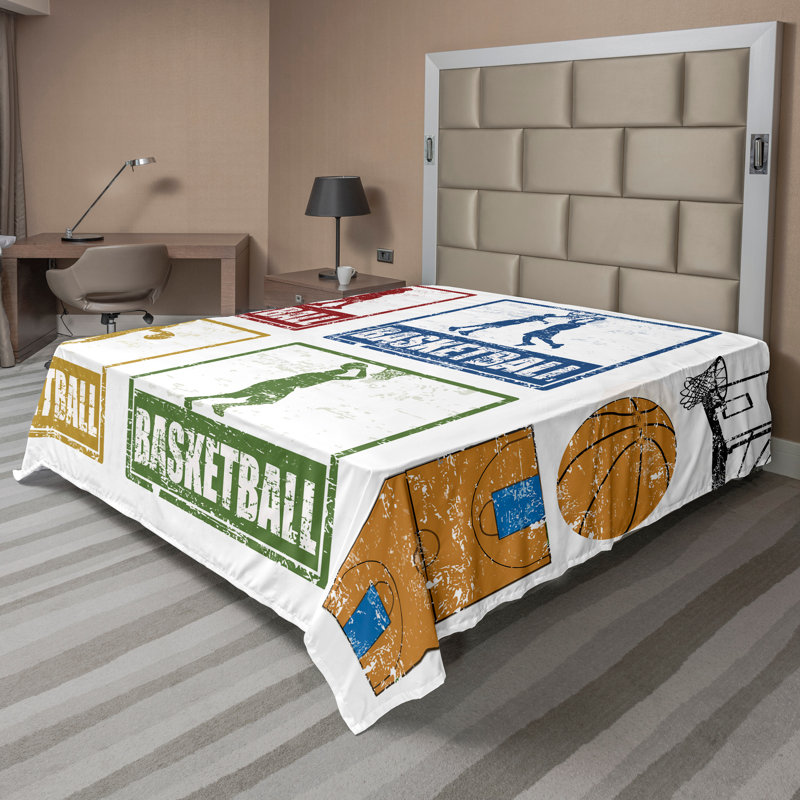 Ambesonne drap de dessus rétro basketball grunge sport bleu marine vert rouge, Drap plat pour très grand lit californien