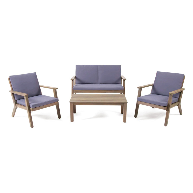 Ensemble de causeuse d'extérieur en bois d'acacia 4 places Temecula - Causeuse, table basse et 2 fauteuils club - fini gris + coussin gris