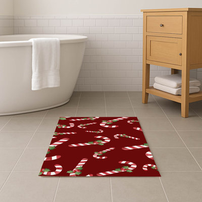 Watercolor Christmas Candy Cane Pattern Bath Mat with Non-Skid Backing