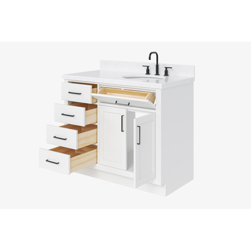 Tidworth 42'' Solid Wood Single Bathroom Vanity with 1.5'' Carrara Quartz Top, White, Rectangular, Right