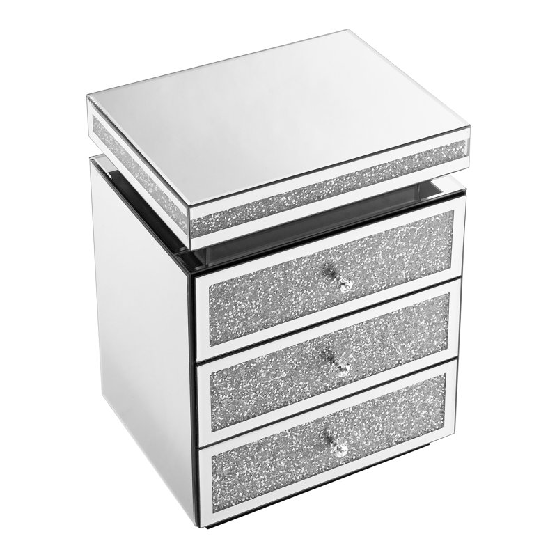 Table de chevet 3 tiroirs avec miroir, table de chevet moderne argentée avec incrustation de cristal, l 13,8 po x L 17,7 po H 23,6 po