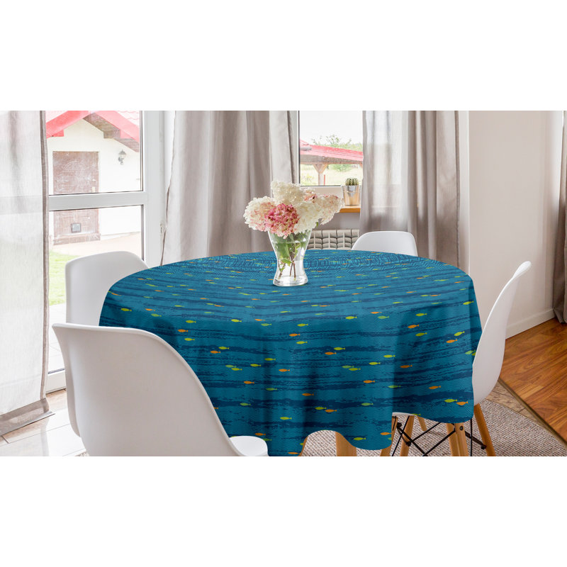 Nautical Round Tablecloth, Minimal Fish And Abstract Wavy Sea Graphic, Circle Table Cloth Cover For Dining Room Kitchen Decoration, 60", Turquoise