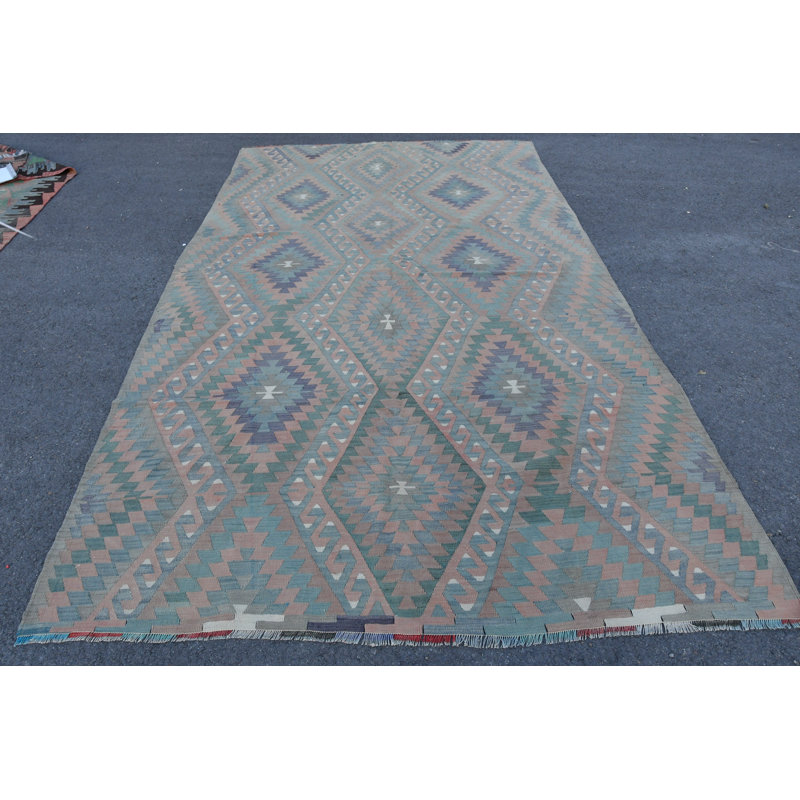Tapis turc Oushak authentique avec motifs nomades et géométriques - orange / vert fait à la main