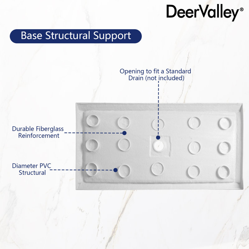 DeerValley 60" Shower Base in White with Single Threshold Shower Pan, Non-slip Design, 3.5" H x 60" W x 36" D