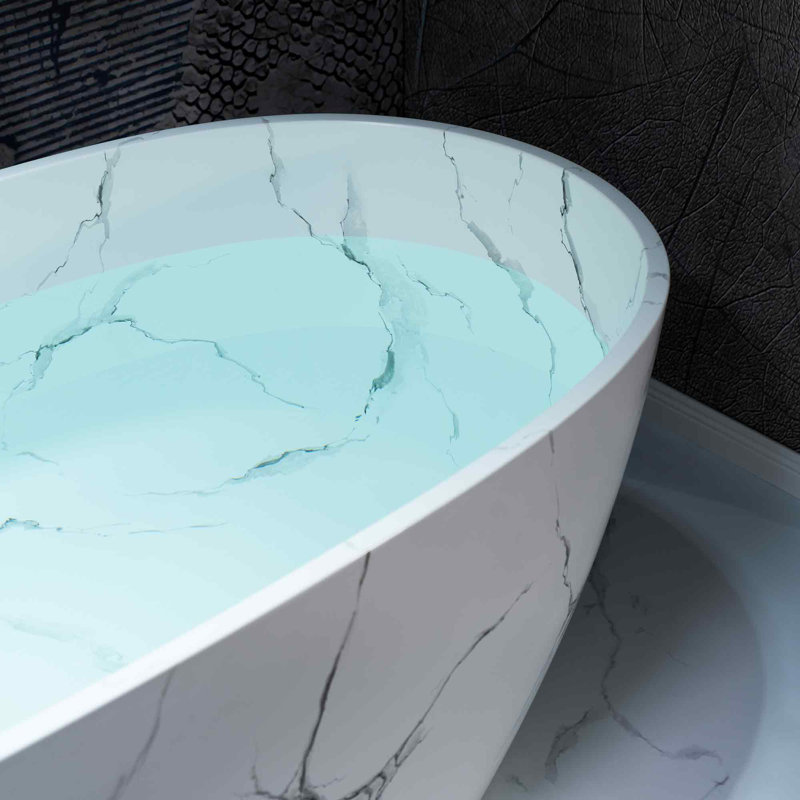 Baignoire de trempage autoportante en résine de pierre de 63 po à motif de marbre, baignoire ovale moderne à surface solide avec trop-plein encastré et drain intégré, finition mate