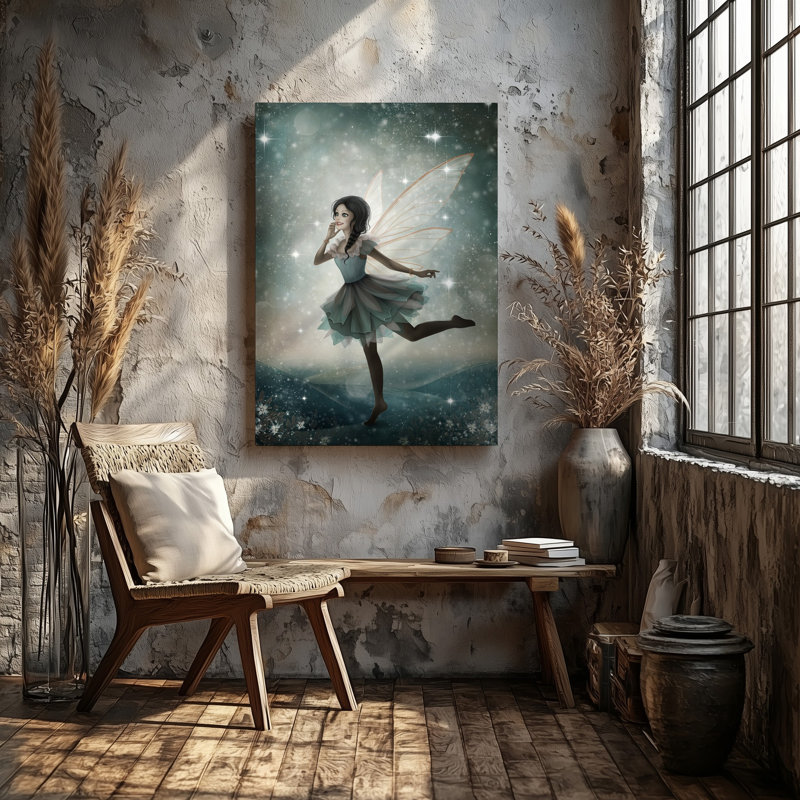 Reproduction d'art sur toile représentant une fée fantaisiste, art mural dans une pose dynamique avec toile délicate
