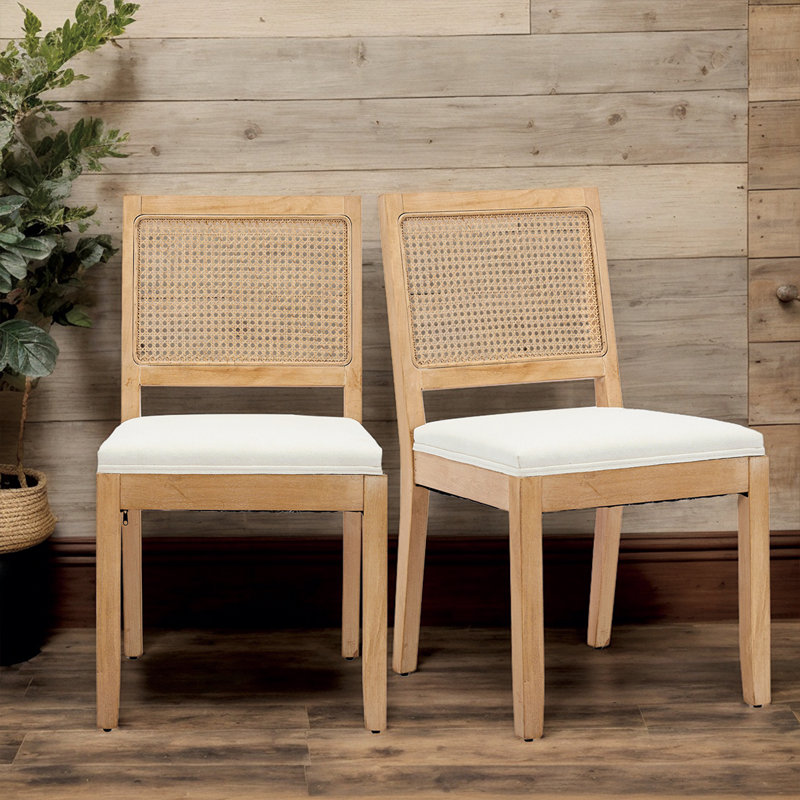 Chaises de cuisine en lin rembourrées à dossier en rotin - Ensemble de chaises de salle à manger de style Mid-Century moderne avec structure en bois franc naturel