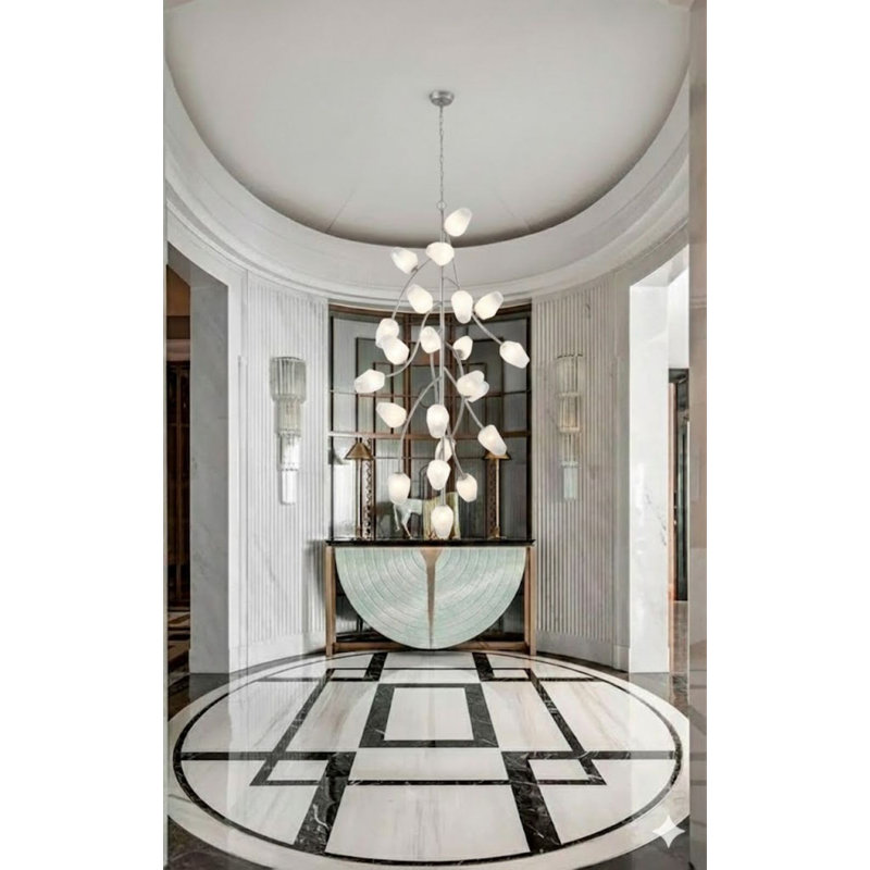 Lustre 22 lumières avec cadre en fer argent antique et abat-jour en verre blanc, Argent argent