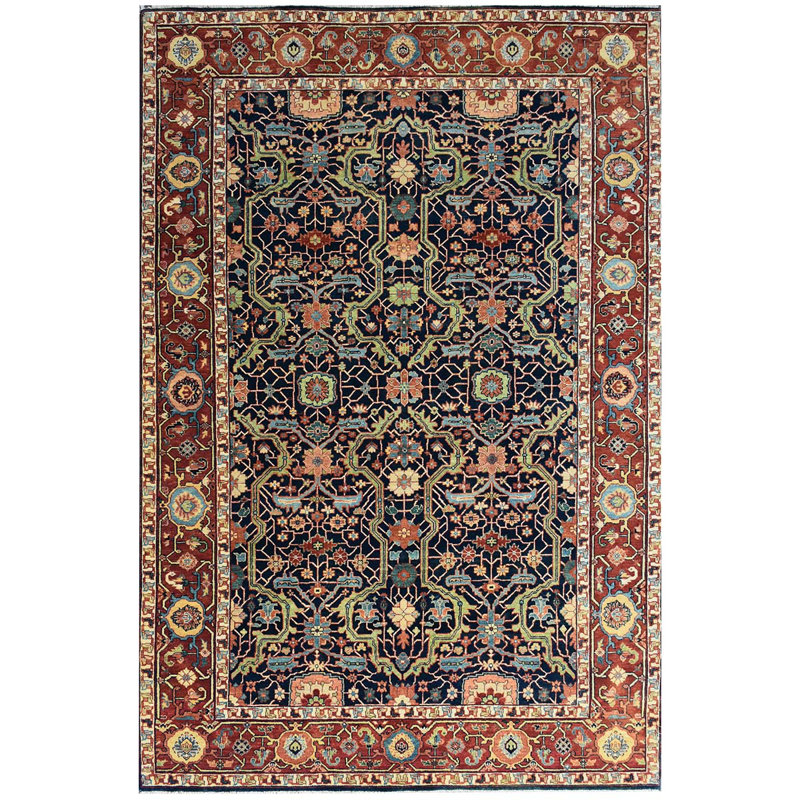 Tapis bleu / rouge en laine noué à la main, Rectangle 6 pi x 9 pi