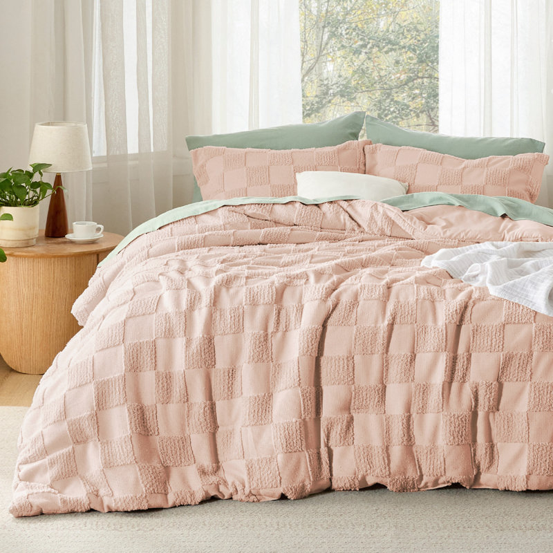 Ensemble d'édredon de taille très grand Coussin rose, ensemble de lit capitonné Boho, literie à carreaux de style Shabby Chic, 3 pièces, 1 édredon géométrique à carreaux et 2 taies décoratives
