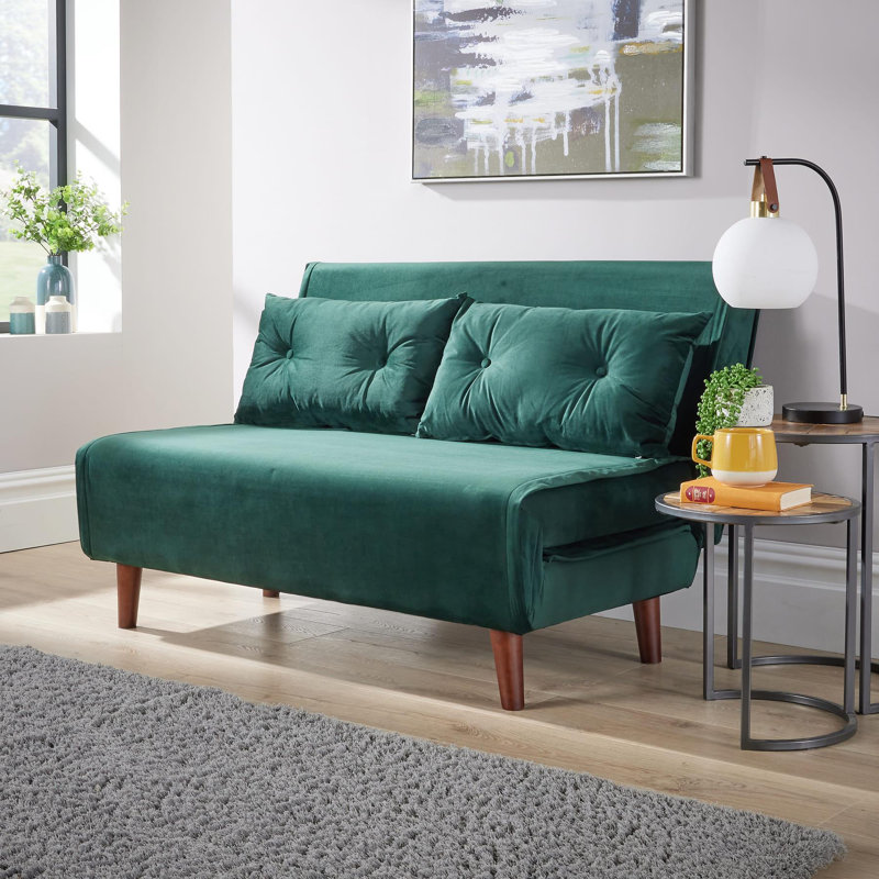 Lonara Two Seater Upholstered Double Sofa Bed, Green Velvet