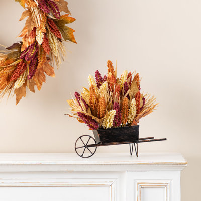 15"H Fall Multi-Coloured Sorghum Cart Centerpiece
