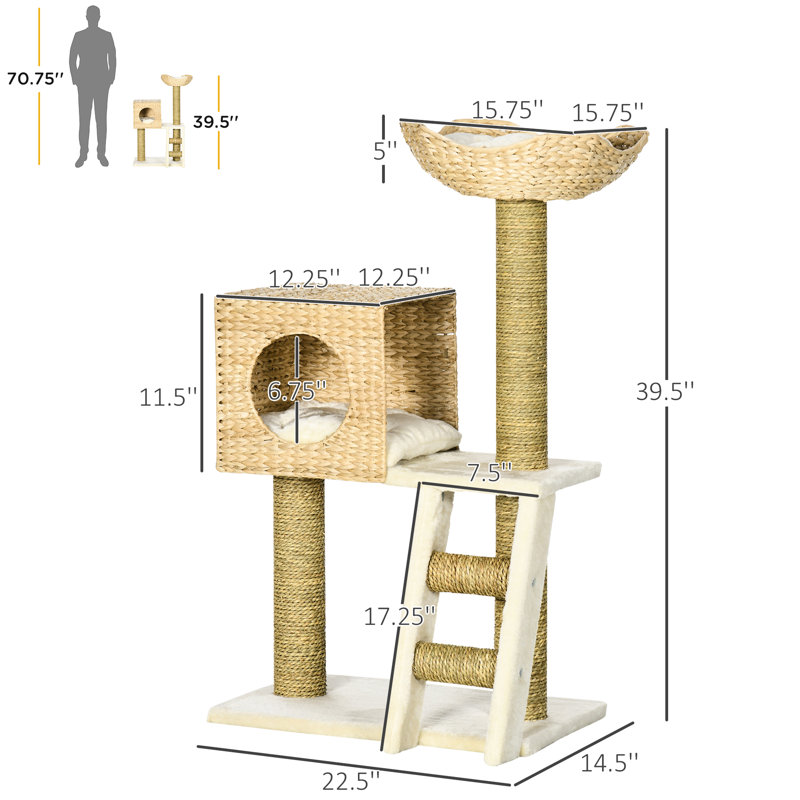 Arbre à chat pour l'intérieur avec lit moelleux, poteaux à griffer en tissage de quenouilles, exercice, panneau de particules stable, couleur blanche, assemblage requis