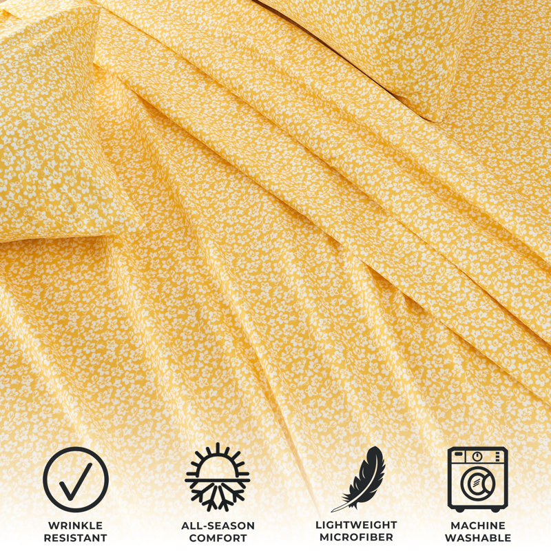 Yellow Floral Brushed Microfiber Full Sheet Set
