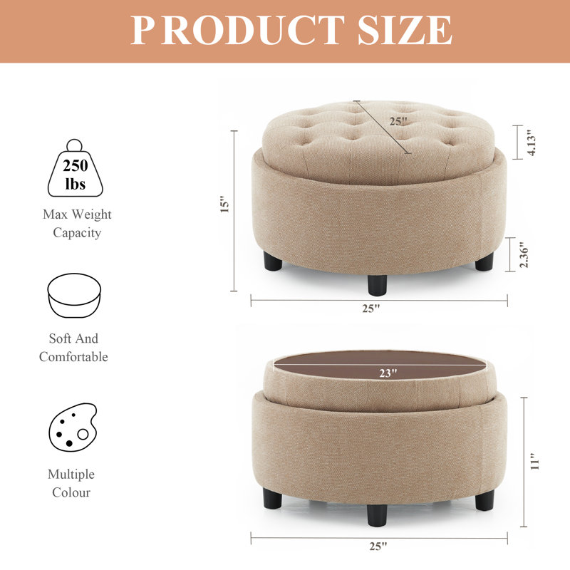 Repose-pieds de rangement en tissu avec couvercle réversible COLAMY, Chameau