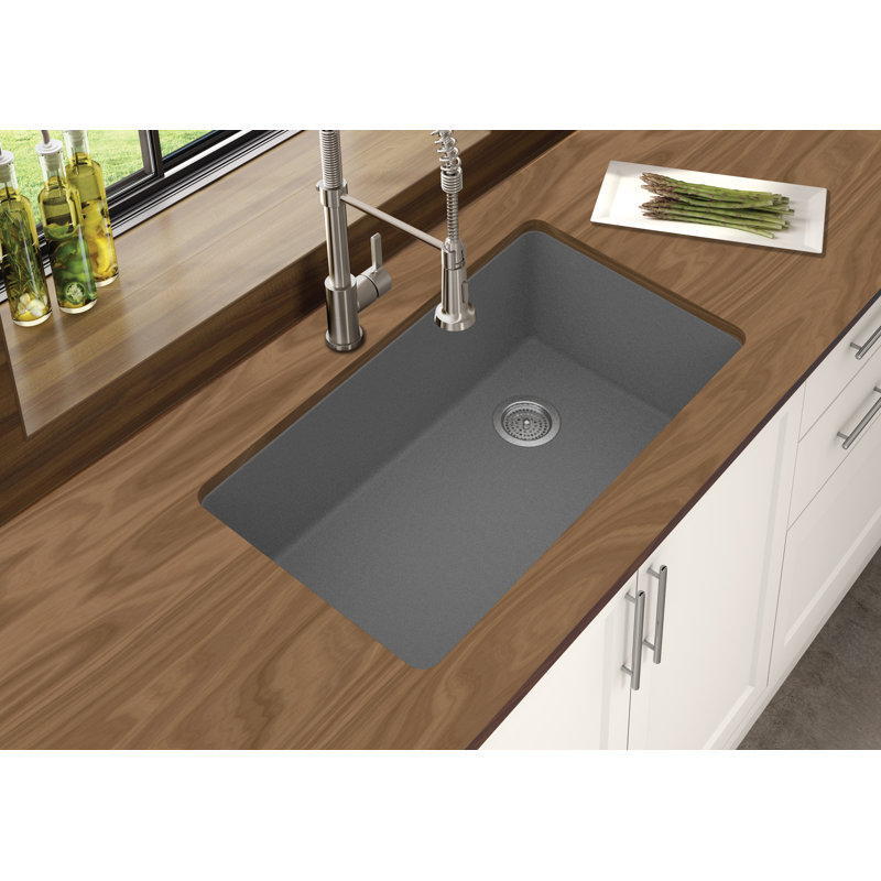 Évier de cuisine en granite L 33 po x l 19 po encastrable, Gris