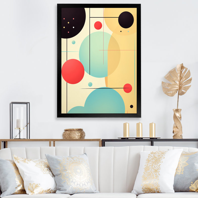 «Retro Circular Geometrics» en bleu et rose - art mural moderne sur toile géométrique, Cadre simple noir