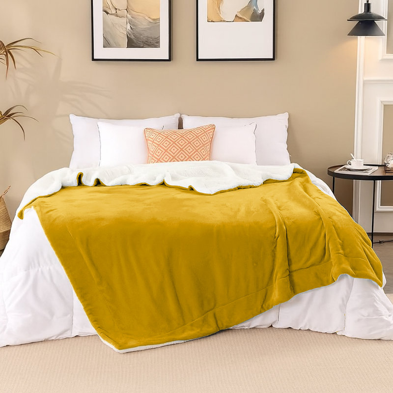 Sherpa Fleece Fur Thick Reversible Blanket Throw, Yellow, 130cm x 150cm