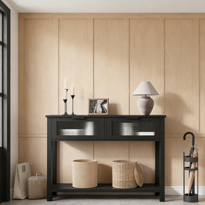 2-Tier Console Table with Glass Drawers, Narrow Farmhouse Entryway Table for Living Room Hallway