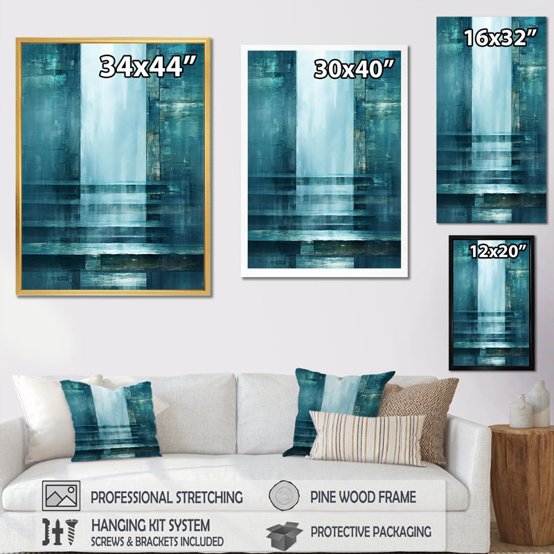 Décoration murale porte à l'autre côté turquoise I - Collages abstraits, Cadre simple noir, H 32 po x l 16 po x P 1 po