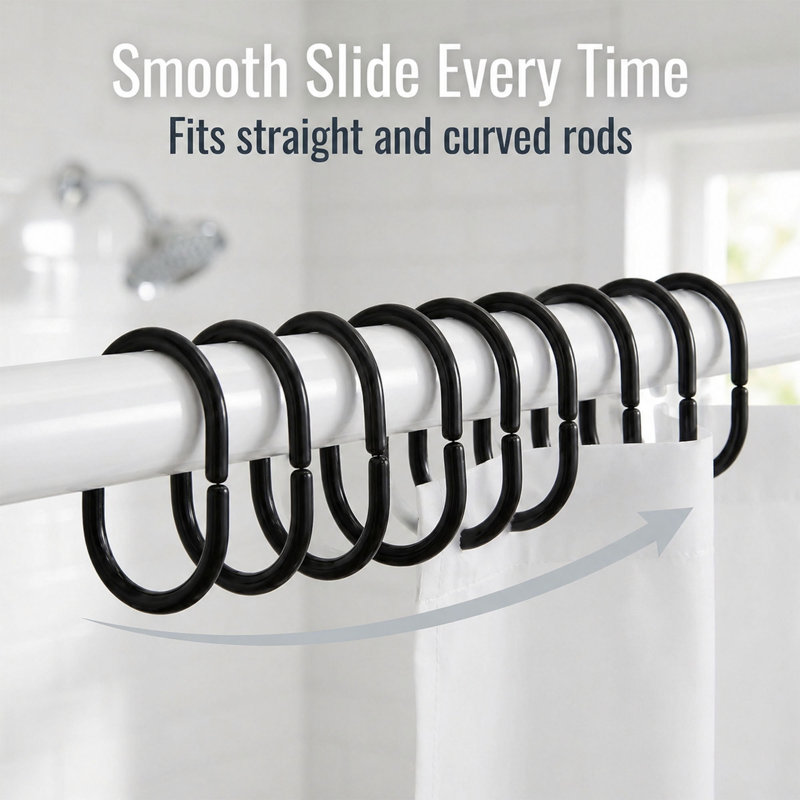 Solid Plastic Shower Curtain Hooks Rings, Black