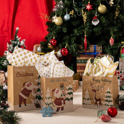 24 Pcs Christmas Kraft Paper Bags Treat Candy Bags 3 Assorted Sizes with Handle for Xmas Party Supplies, Wrapping Christmas Holiday Presents