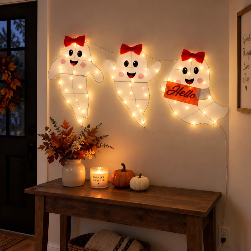 Décorations lumineuses d'Halloween en forme de fantôme (3 pièces), fantôme suspendu de 66 cm avec 60 DEL blanc chaud, 8 modes d'éclairage, à brancher pour l'intérieur et l'extérieur (porche, terrasse).