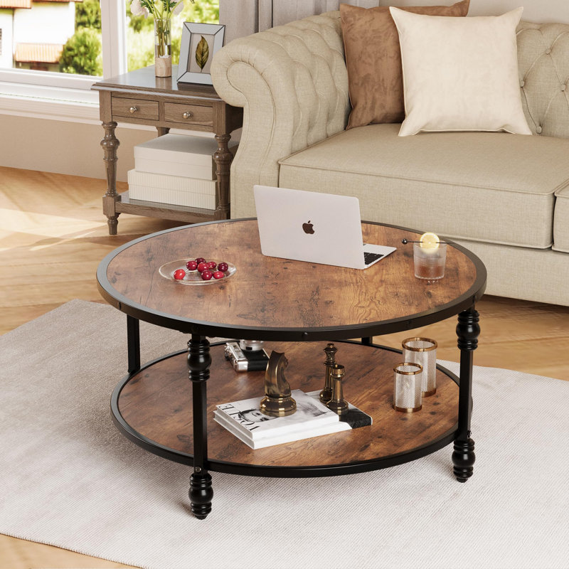 Table basse ronde avec centre de rangement et plateau rond en bois, H 18 po x L 34,5 po x l 34,5 po, Brown