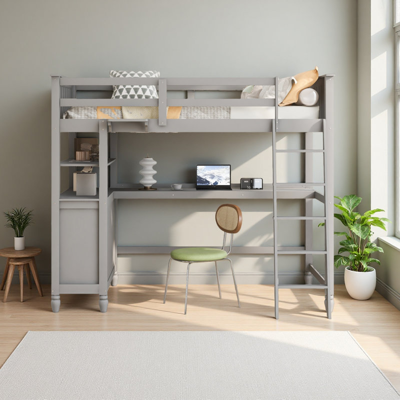 Lit mezzanine simple avec tiroirs et bureau, lit mezzanine en bois avec tablettes, Gris, Lit simple