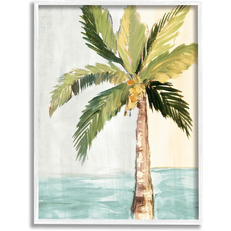 Palmier avec feuilles tropicales brise d'été, L 24 po x H 30 po, Giclée encadrée blanc bord de mer