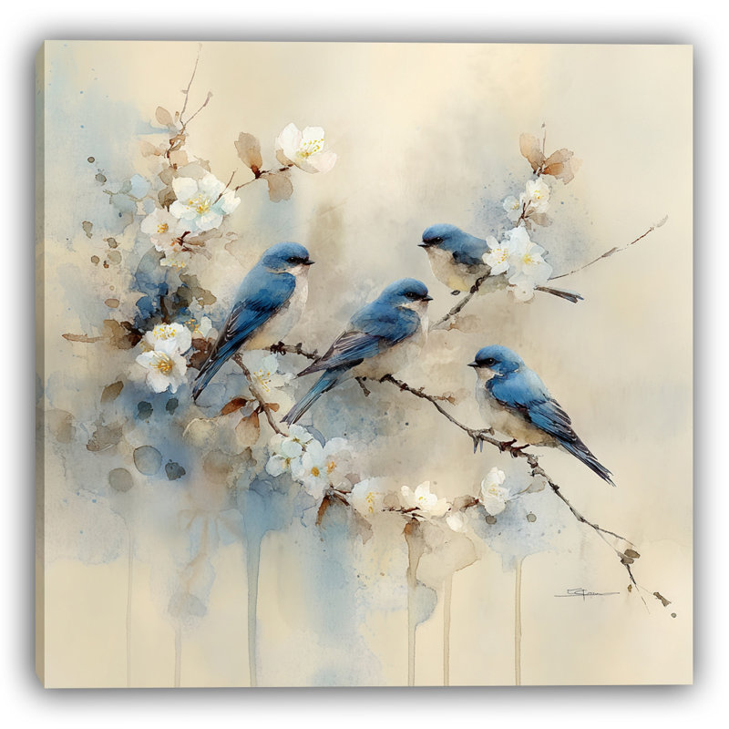 Spring Gathering – Bluebirds on Blossoming Tree