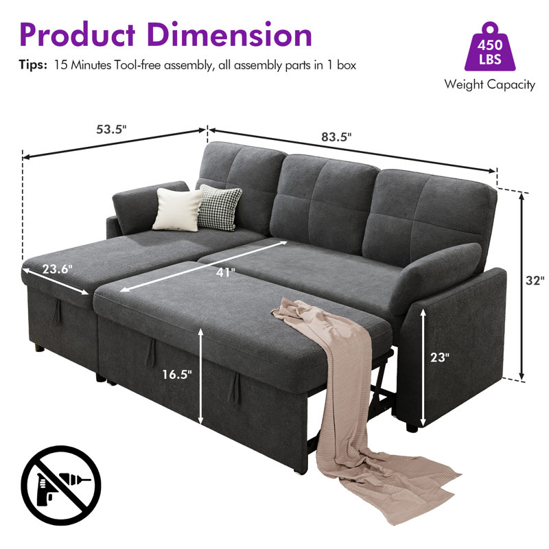 L‑shaped Convertible Sofa Bed With Storage Chaise And Pull‑out Couch For The Living Room, Dark Gray, Dark Gray