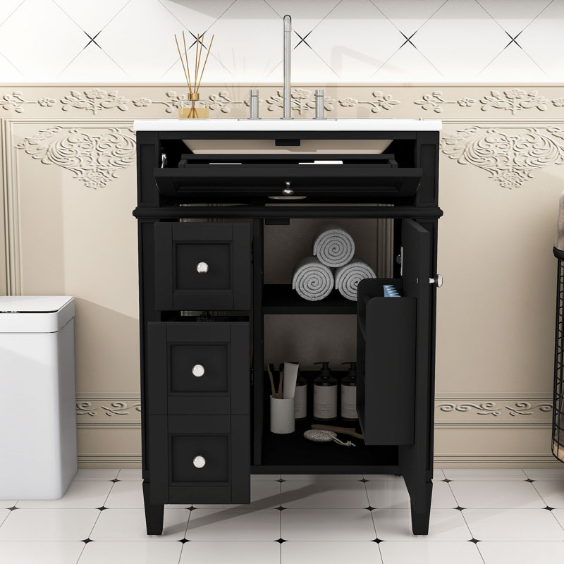 Meuble-lavabo compact 24 po avec lavabo en céramique, 3 tiroirs, organisateur de porte et tablette réglable, Black
