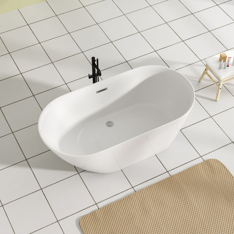 Baignoire autoportante l 59 po x l 30 po, baignoire ovale en acrylique ovale, baignoire autoportante moderne blanc brillant pour salle de bain, facile à nettoyer et à installer