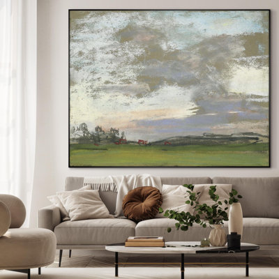 Pastel Landscape with Rolling Fields and Calm Sky Home Decor Extra Large Framed Wall Art Print (Framed Assembly Required)