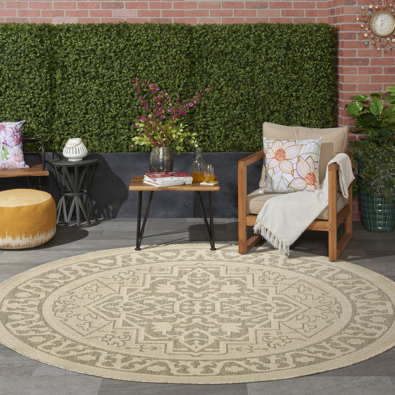 Gerritt Taupe Olive Outdoor Rug, Round 8'